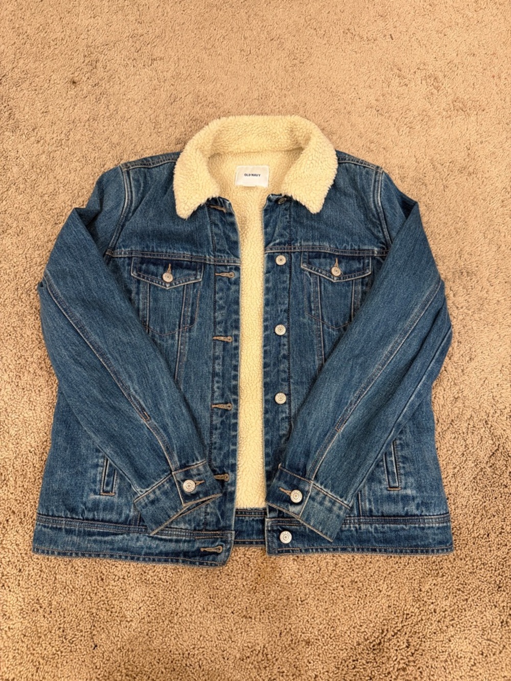 Old Navy Women’s Sherpa-Lined Denim Jacket in Blue and Cream